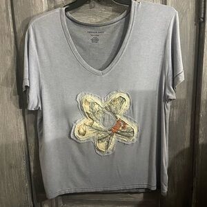 American Eagle Outfitters Blue V-Neck Top Upcycled with Floral Patch